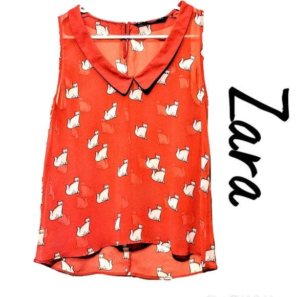 ZARA Red sheer cat blouse (Small) - Picture 1 of 11